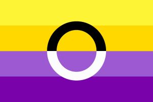 Four horizontal lines: bright yellow, warm yellow, light violet, violet. There is a ring in the centre; the top half is black and the bottom half is white.