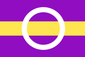 The background has three horizontal stripes: purple, yellow, and purple - the colours of the intersex flag. In the centre is a white ring, in the style of the intersex flag.