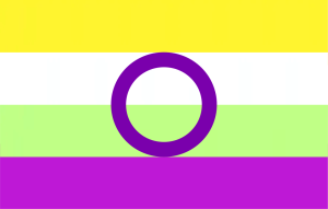 Four horizontal stripes: yellow, white, lime green, fuchsia. There is a violet ring in the centre.